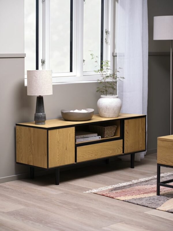 TV bench ODENSE 2 doors 1 drawer oak colour/black - Image 3