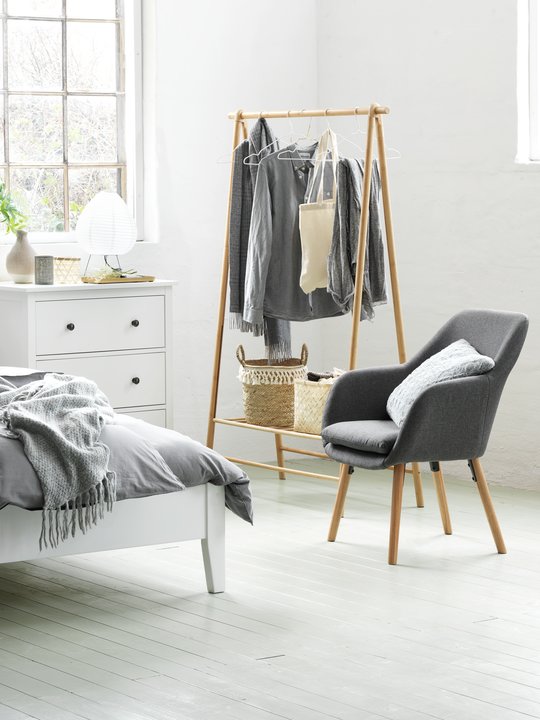 grey armchair clothes rail bamboo bedroom - jysk